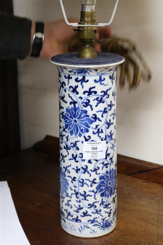 A pair of Chinese blue and white vases, mounted as lamps